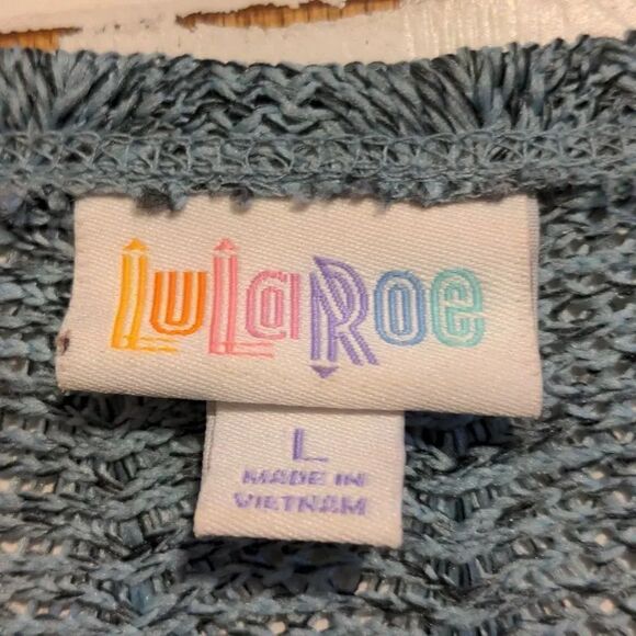 LuLaRoe Large Blue Lindsay Short Sleeve Sweater Open Front Cardigan - Picture 6 of 7